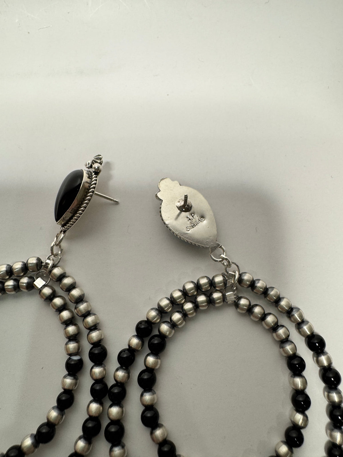 Sterling Silver Pearl & Onyx Hoop Earrings