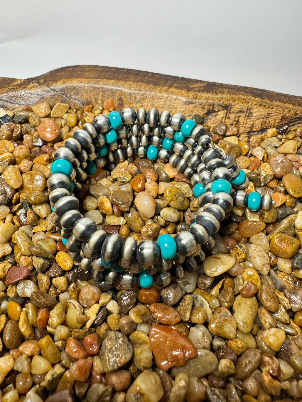 Sterling Silver Pearls w/Kingman Memory Wire Wrap Bracelet