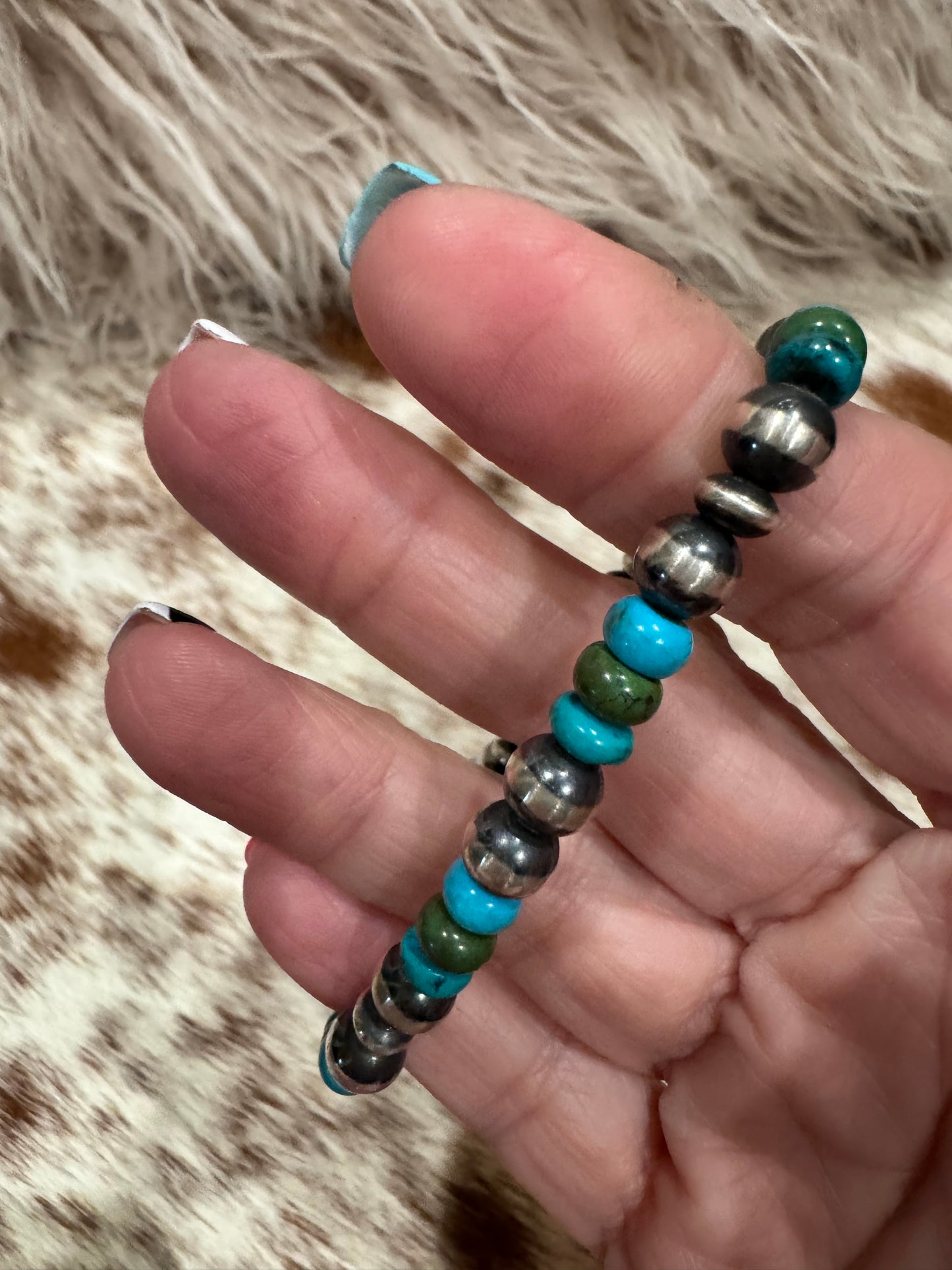 Sterling Silver Pearls & Kingman Stretchy Bracelet