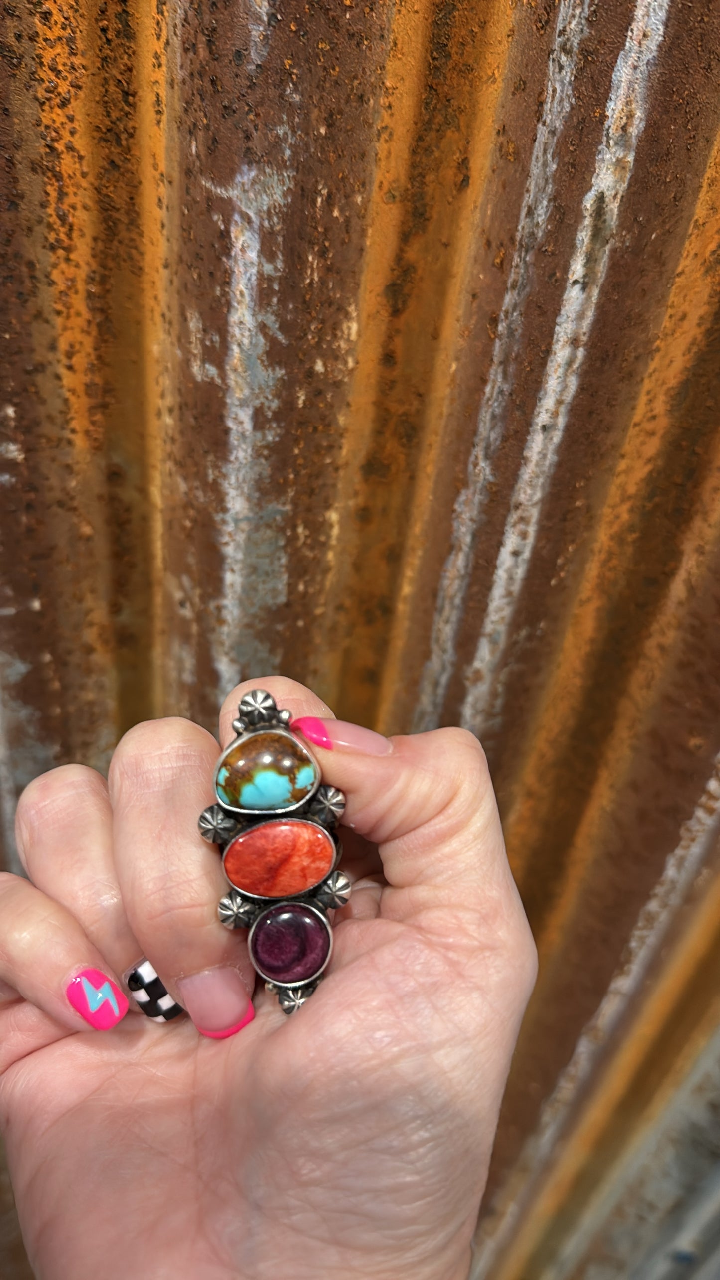 Royston Turquoise & Spiny Oyster 3 Stone Ring