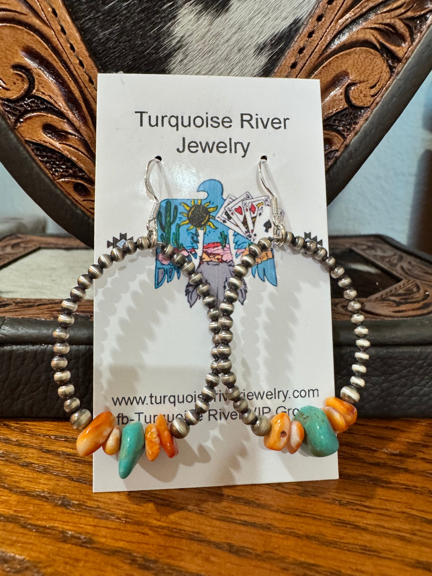 Orange Spiny & Kingman Pearl Hoop Earrings