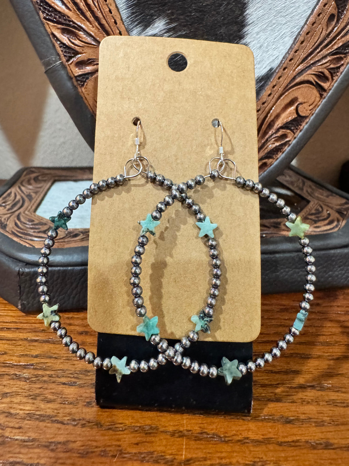 Sterling Silver Pearl Hoops w/Turquoise Stars