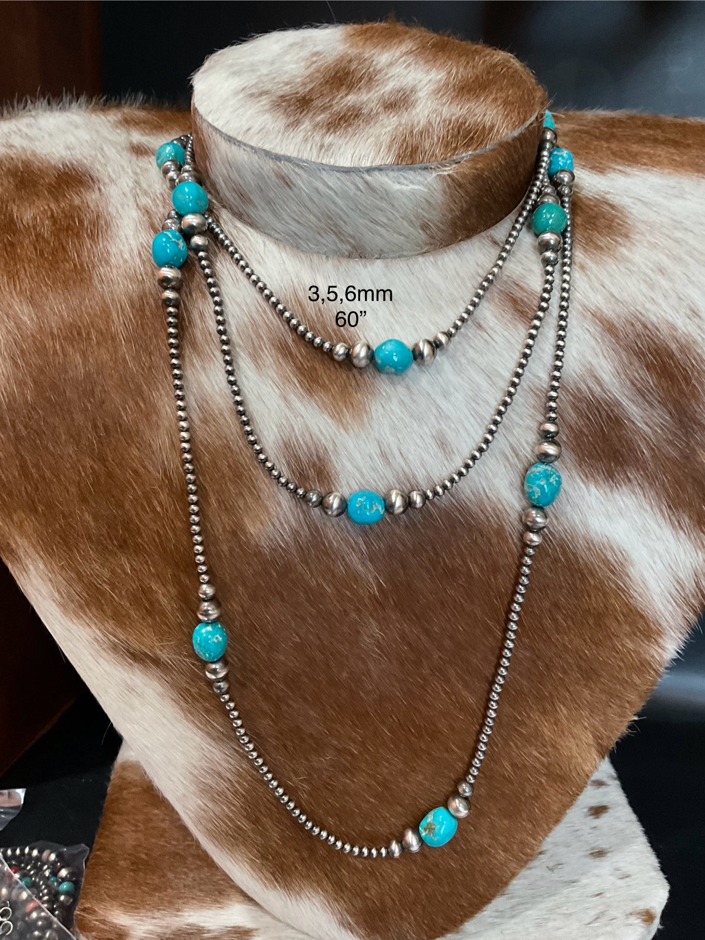 60” Sterling Silver Pearls w/Sonoran Rose Turquoise