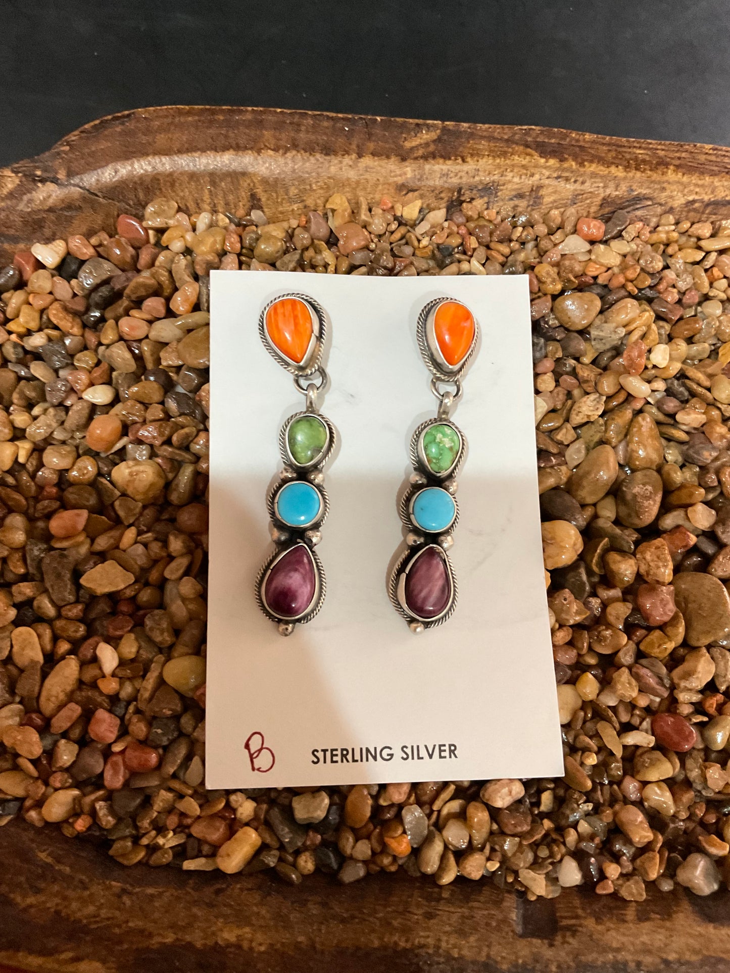 Turquoise & Spiny Oyster 4 Stone Dangle Earrings