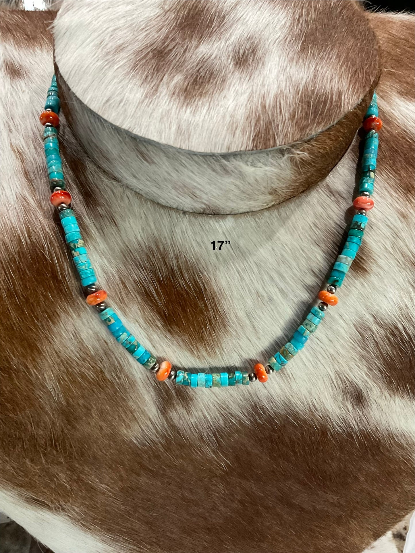 Turquoise, Orange Spiny & Sterling Silver Pearl Necklace