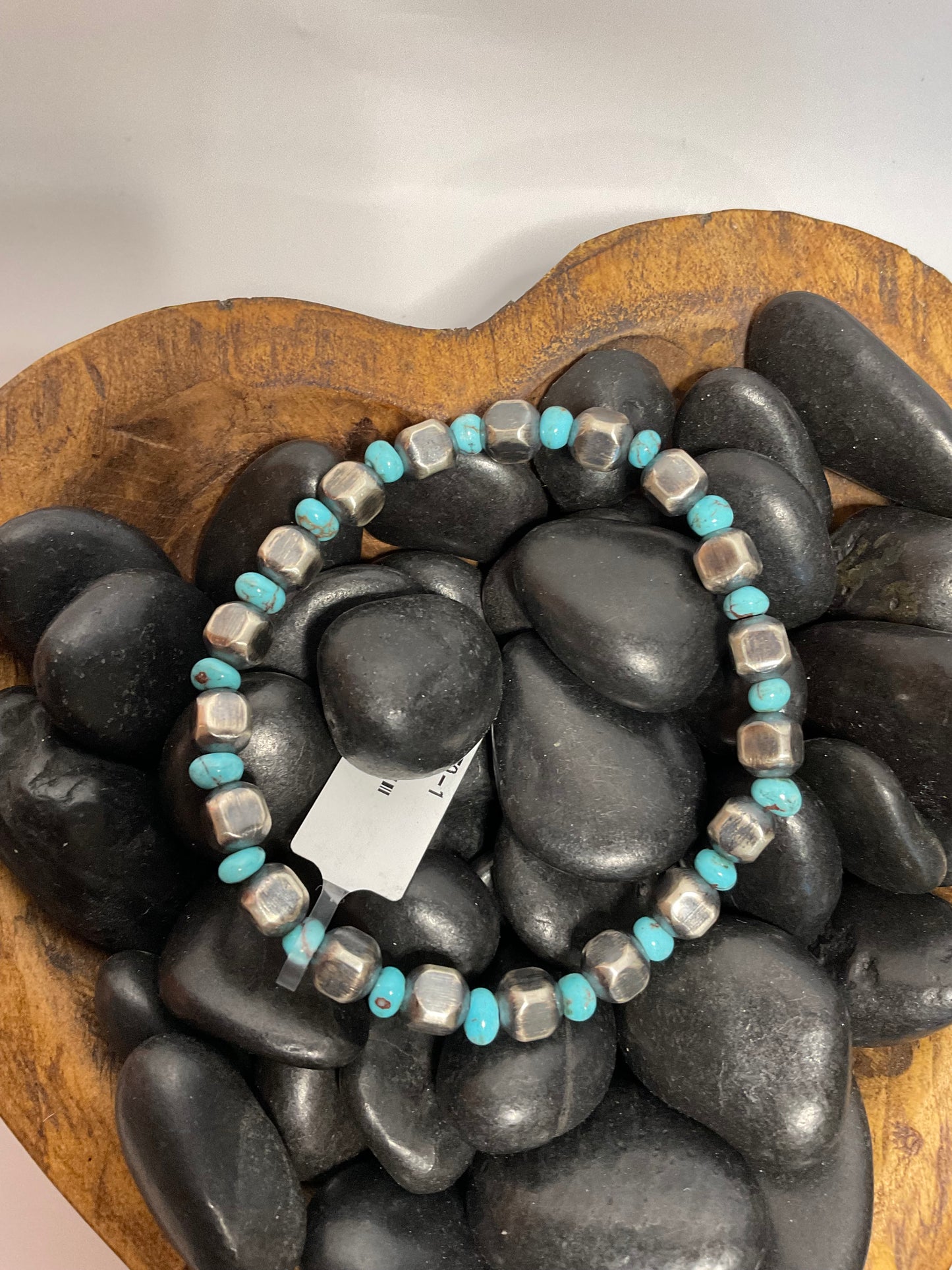 Sterling Silver Box Beads & Kingman Stretchy Bracelet