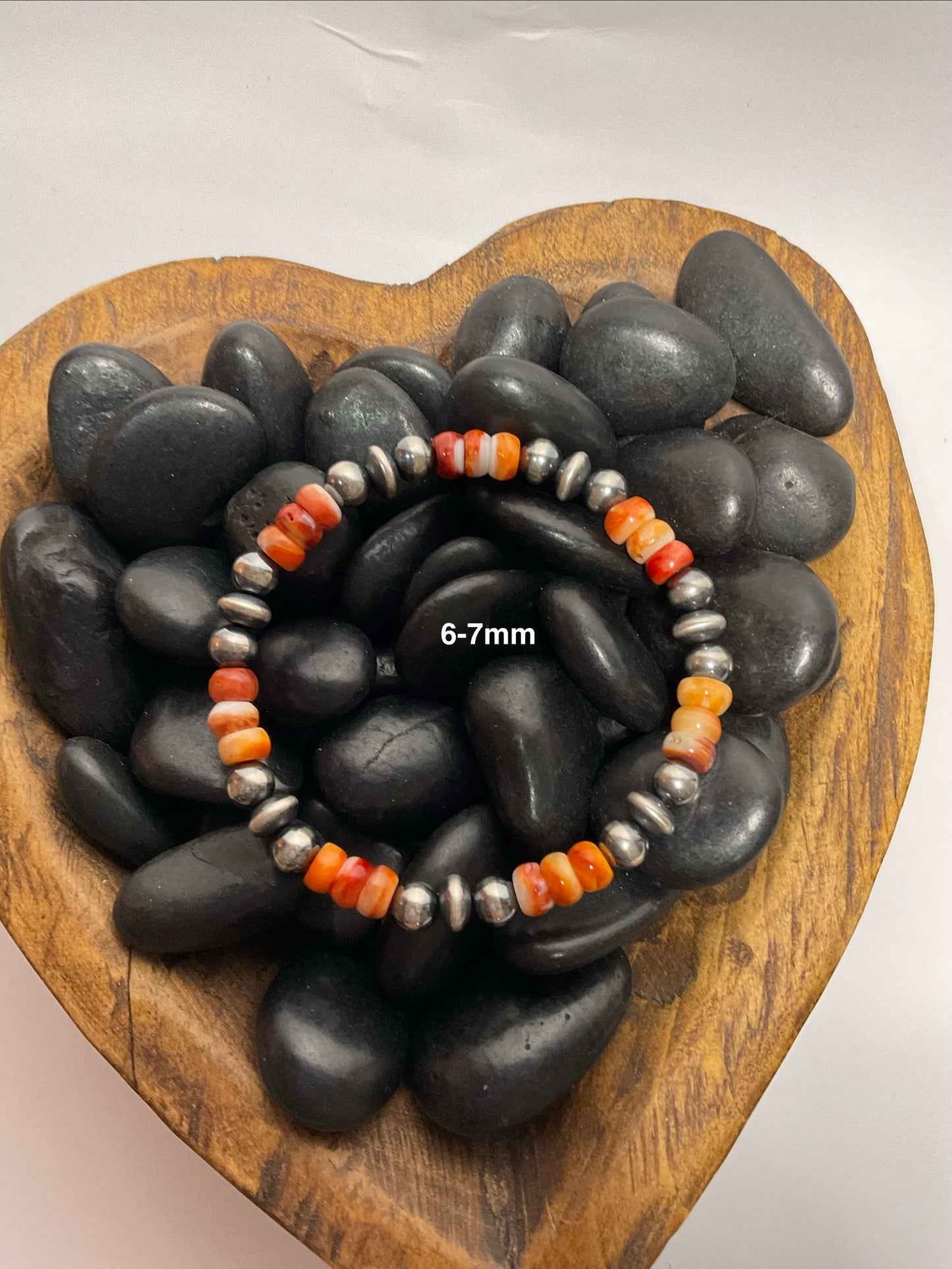 6 & 7mm Sterling Silver Discs & Pearls & Orange Spiny Stretchy Bracelet