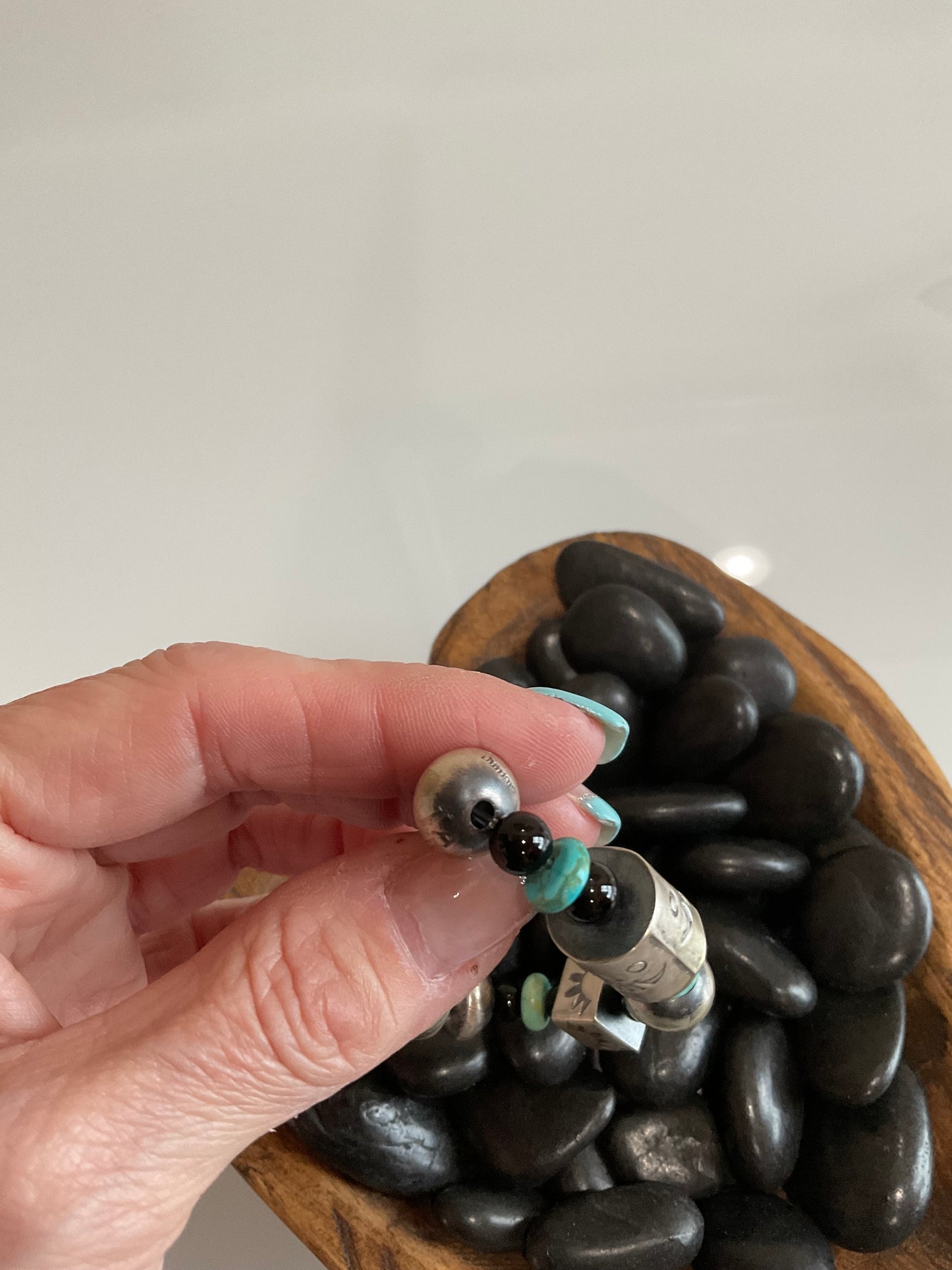 Handmade Barrel Bead, Campitos Turquoise & Black Onyx Stretchy Bracelet