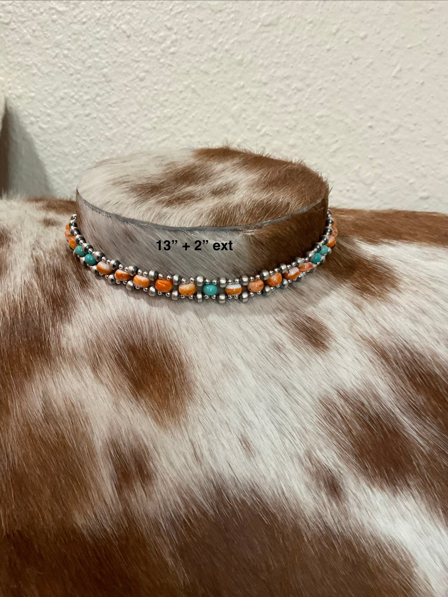Campitos Turquoise, Orange Spiny & Sterling Silver Pearl Choker
