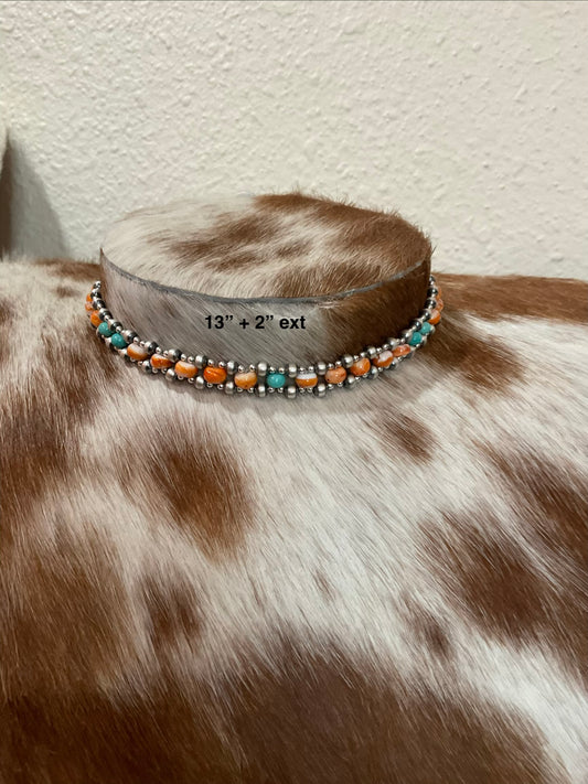 Campitos Turquoise, Orange Spiny & Sterling Silver Pearl Choker