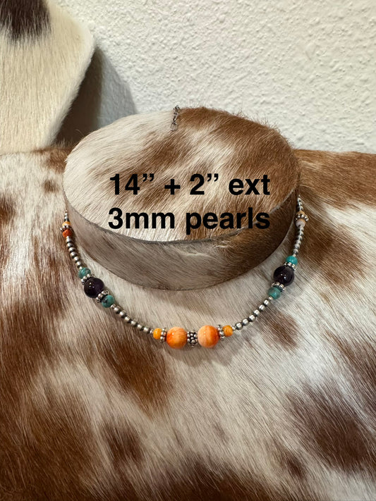 14”-16” 3mm Sterling Silver Pearls w/Campitos, Orange & Purple Spiny Choker