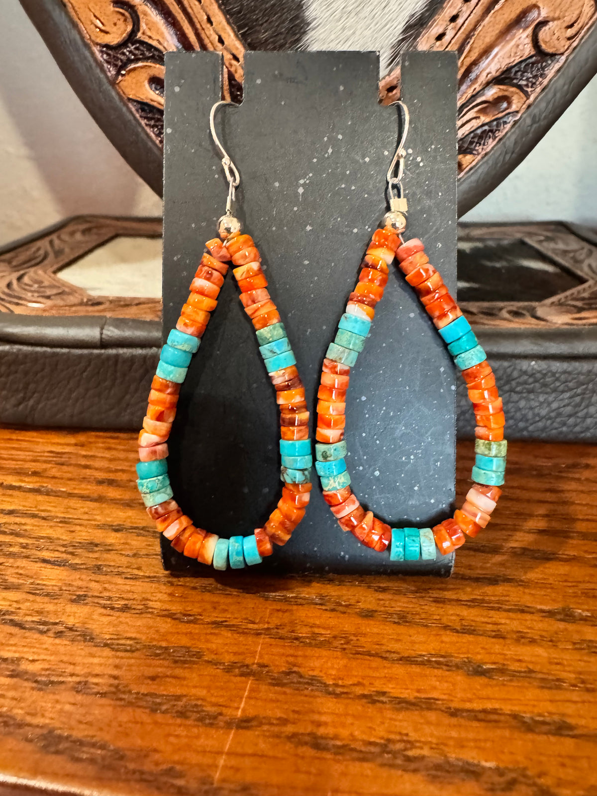 Kingman Heishi & Orange Spiny Hoop Earrings