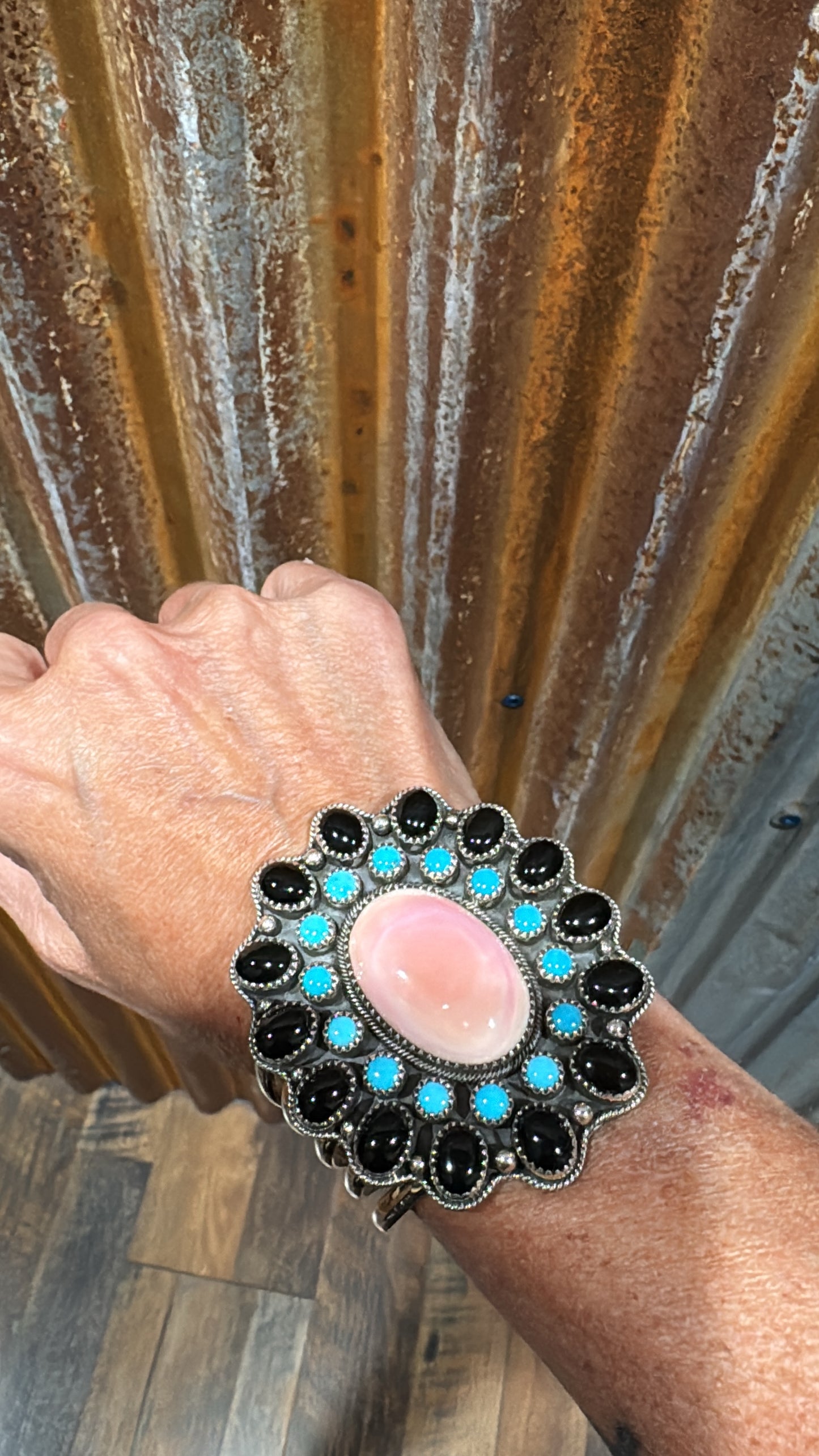 Black Onyx, Pink Conch & Turquoise Cluster Cuff