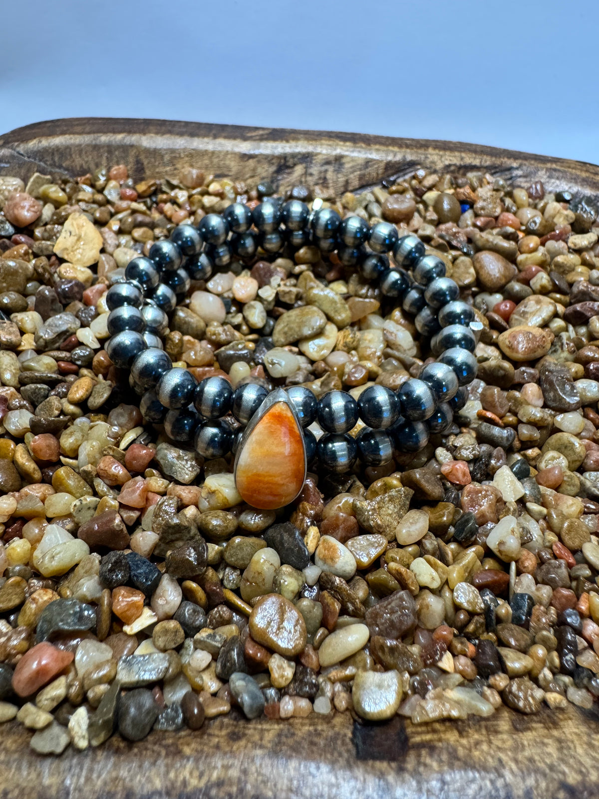 Sterling Silver Pearl & Orange Spiny Double Strand Stretchy Bracelet