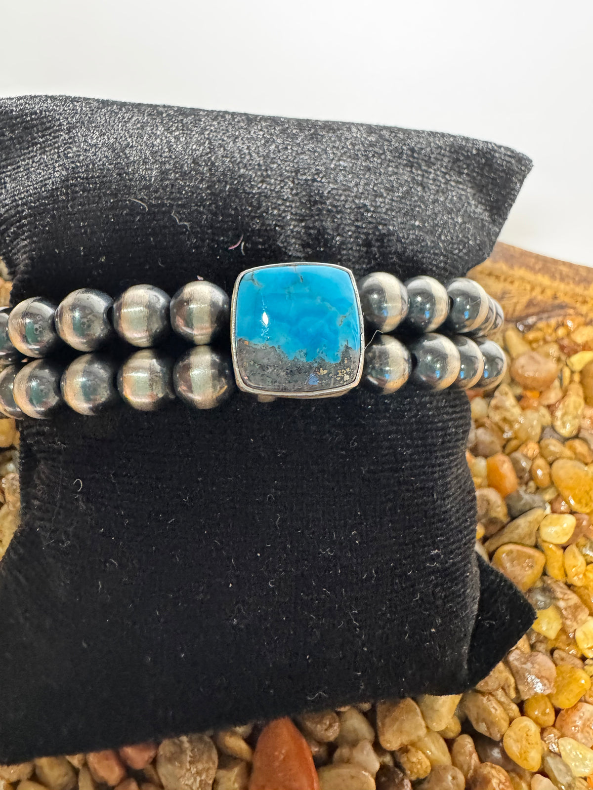 Sterling Silver Pearl & Kingman Double Strand Stretchy Bracelet