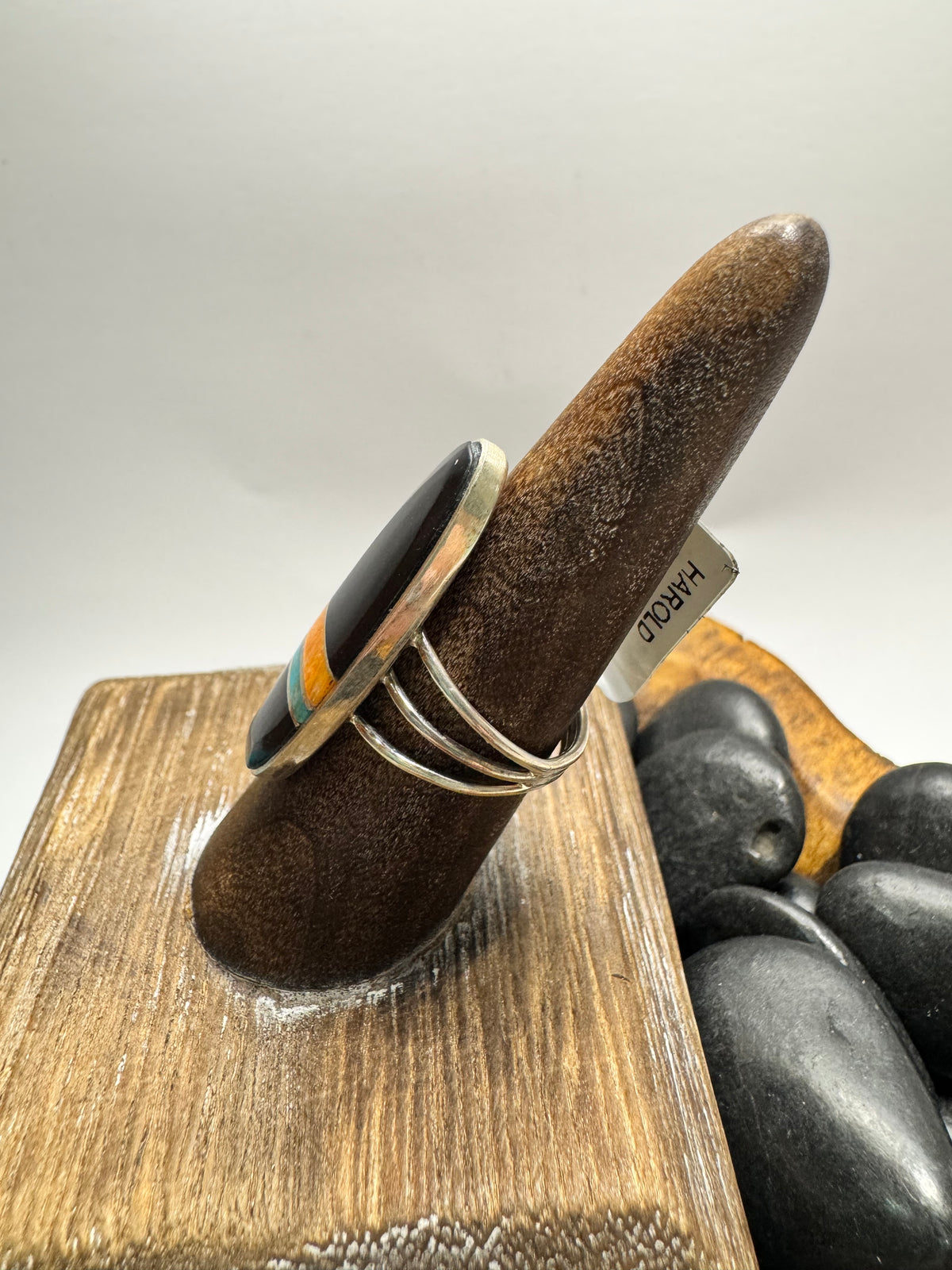 Black onyx, Kingman & Orange Spiny Inlaid Ring