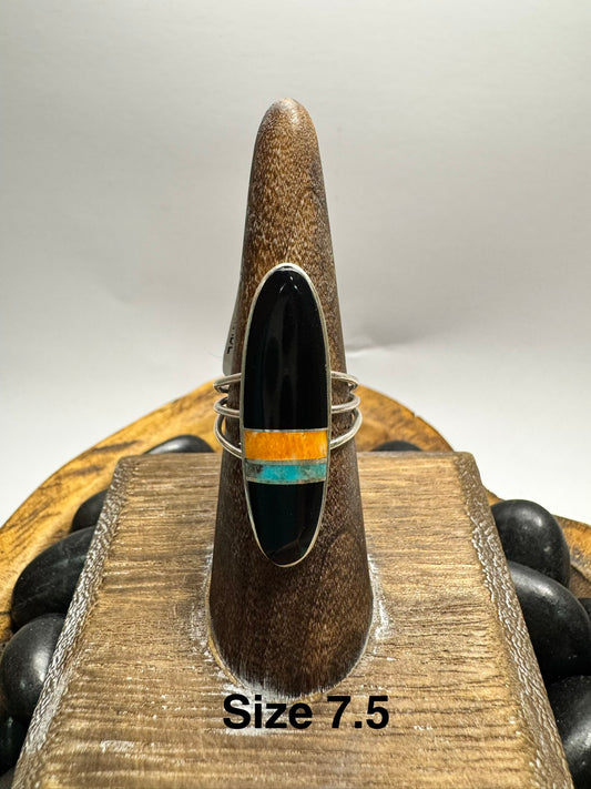 Black onyx, Kingman & Orange Spiny Inlaid Ring