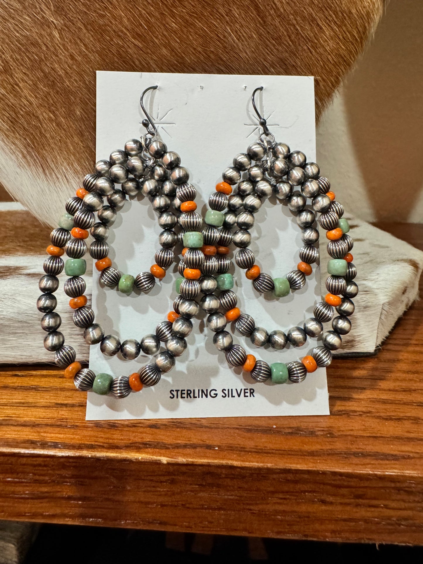 Orange Spiny & Turquoise Pearl Triple Hoop Earrings