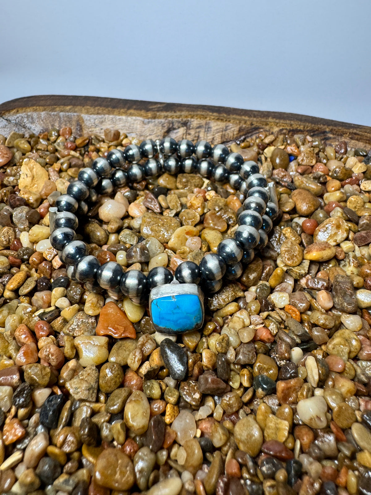 Sterling Silver Pearl & Kingman Double Strand Stretchy Bracelet