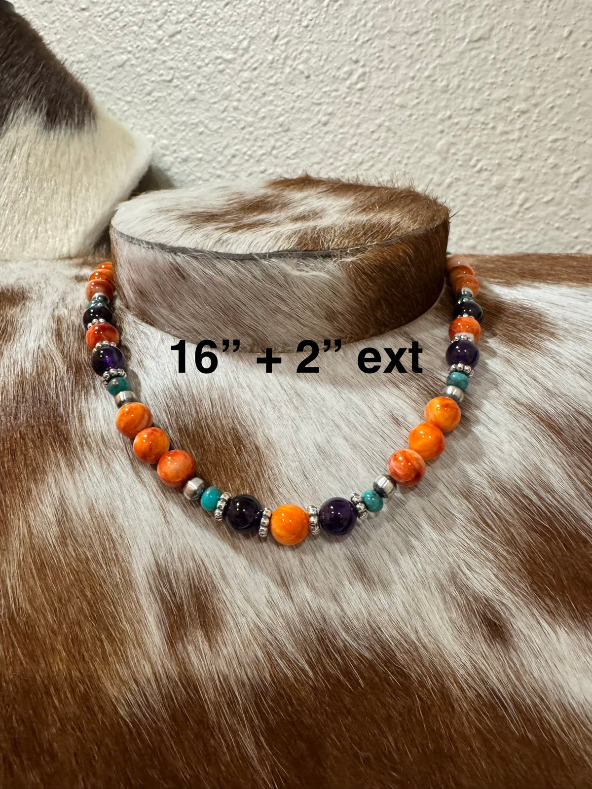 Campitos, Orange & Purple Spiny w/Sterling Silver Pearls Necklace