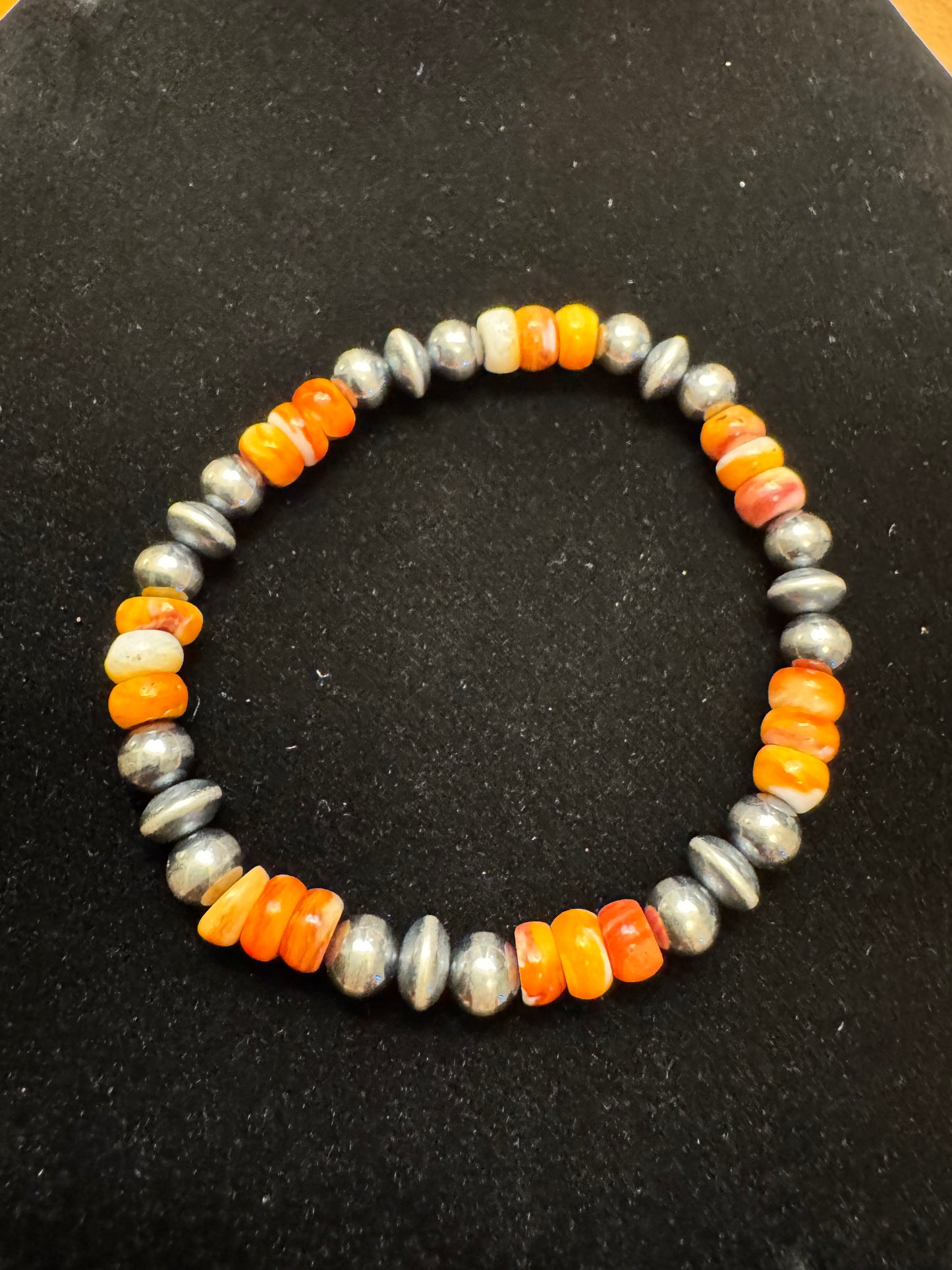 Sterling Silver Pearl & Orange Spiny Stretchy Bracelet