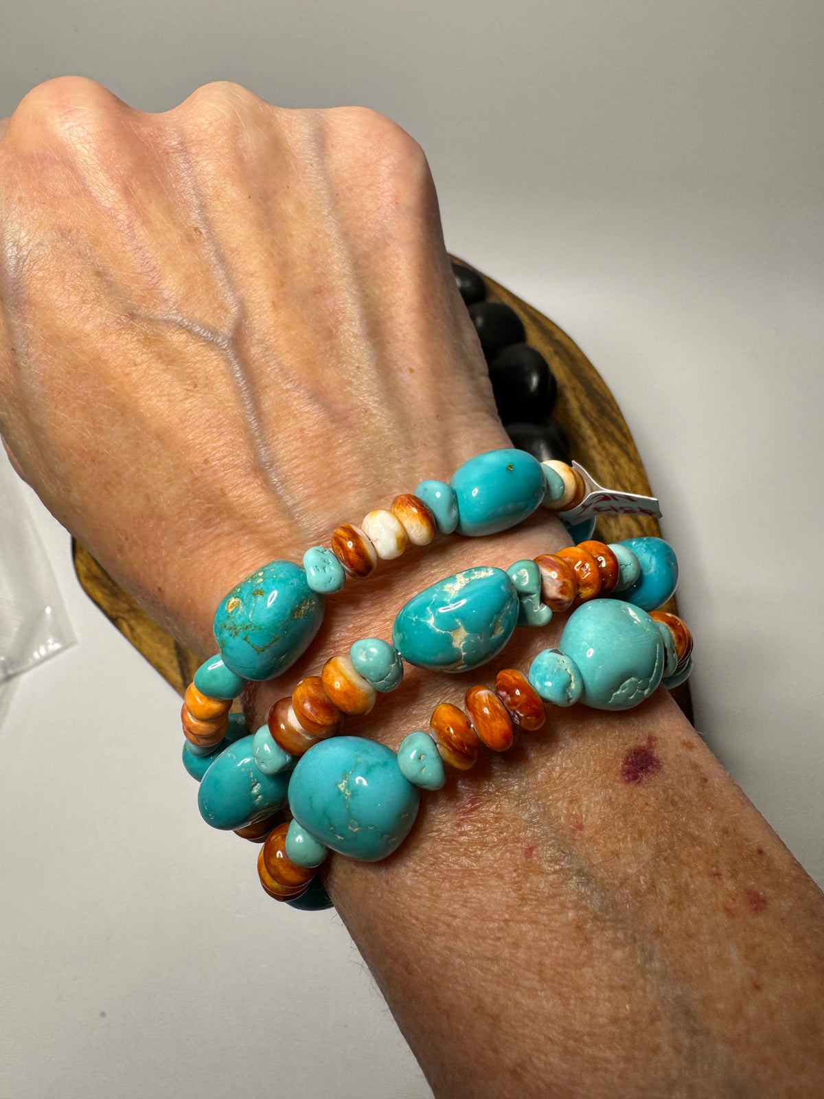 Armenian Turquoise & Orange Spiny Memory Wire Wrap Bracelet