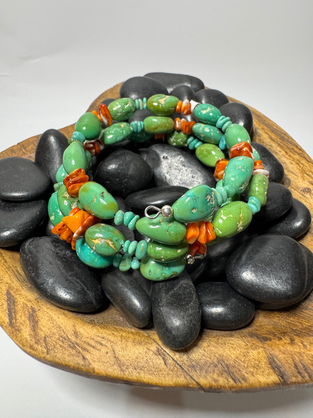 Armenian Turquoise & Orange Spiny Memory Wire Wrap Bracelet