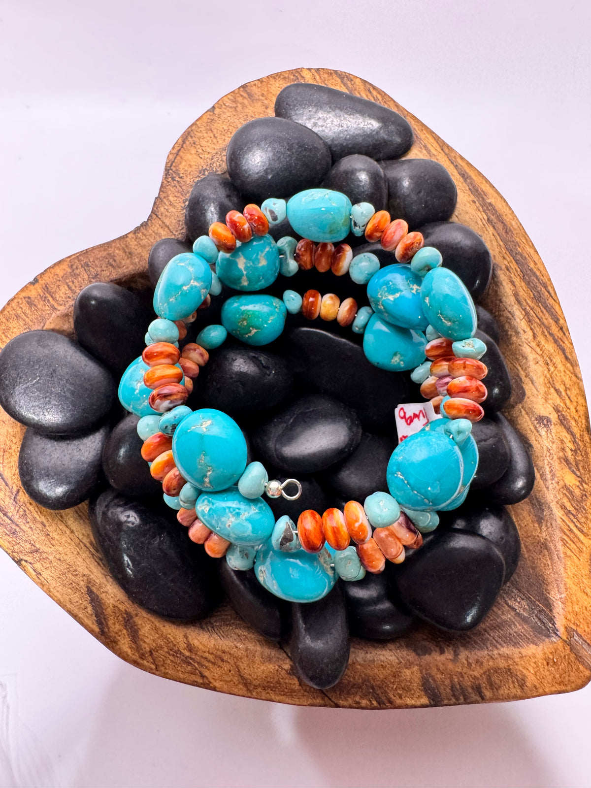 Armenian Turquoise & Orange Spiny Memory Wire Wrap Bracelet