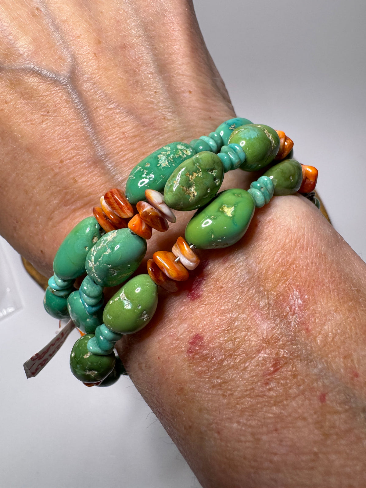 Armenian Turquoise & Orange Spiny Memory Wire Wrap Bracelet