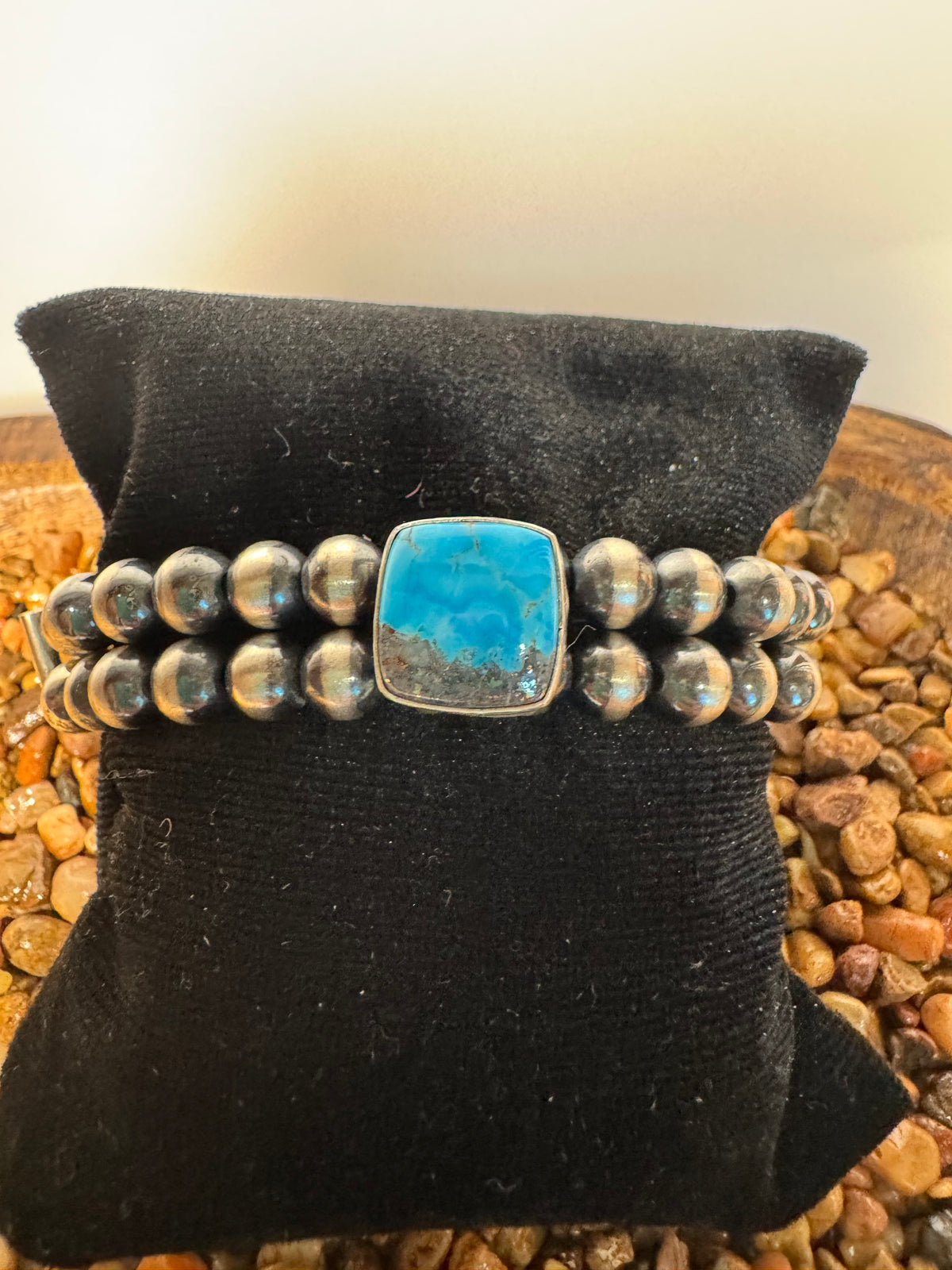 Sterling Silver Pearl & Kingman Double Strand Stretchy Bracelet