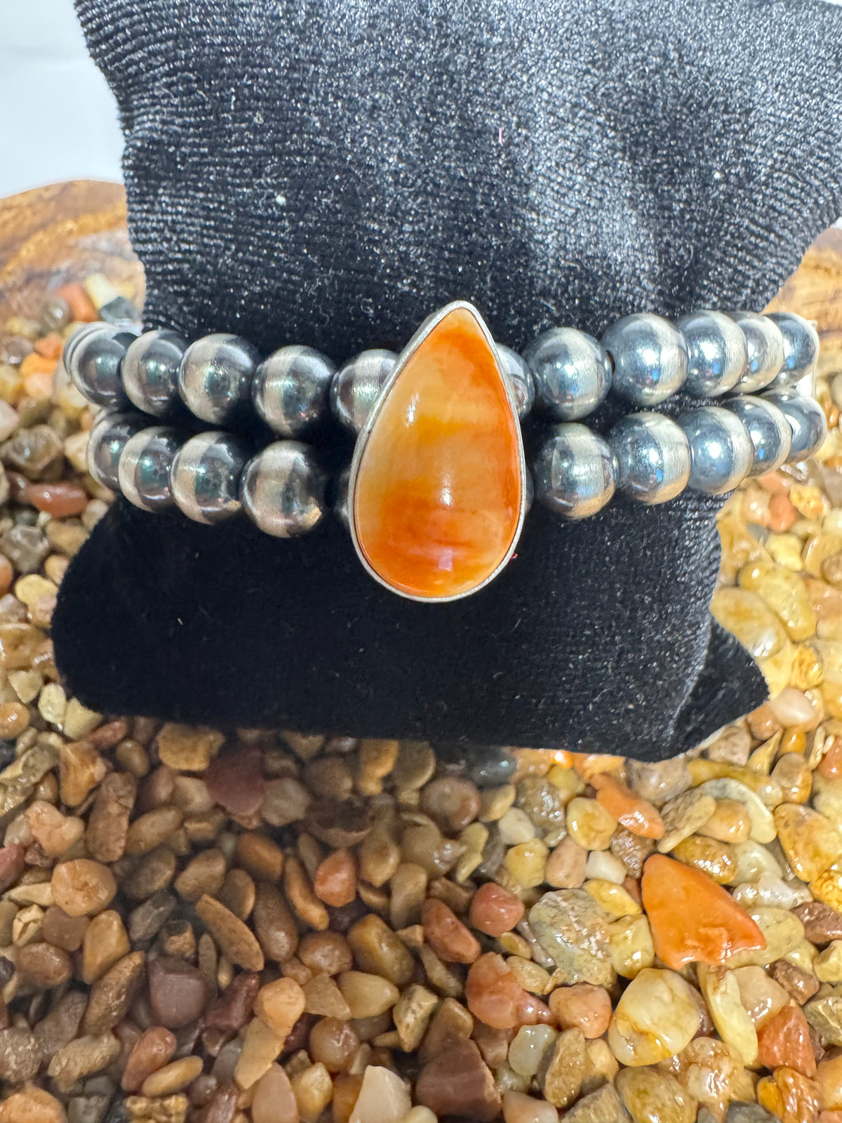 Sterling Silver Pearl & Orange Spiny Double Strand Stretchy Bracelet