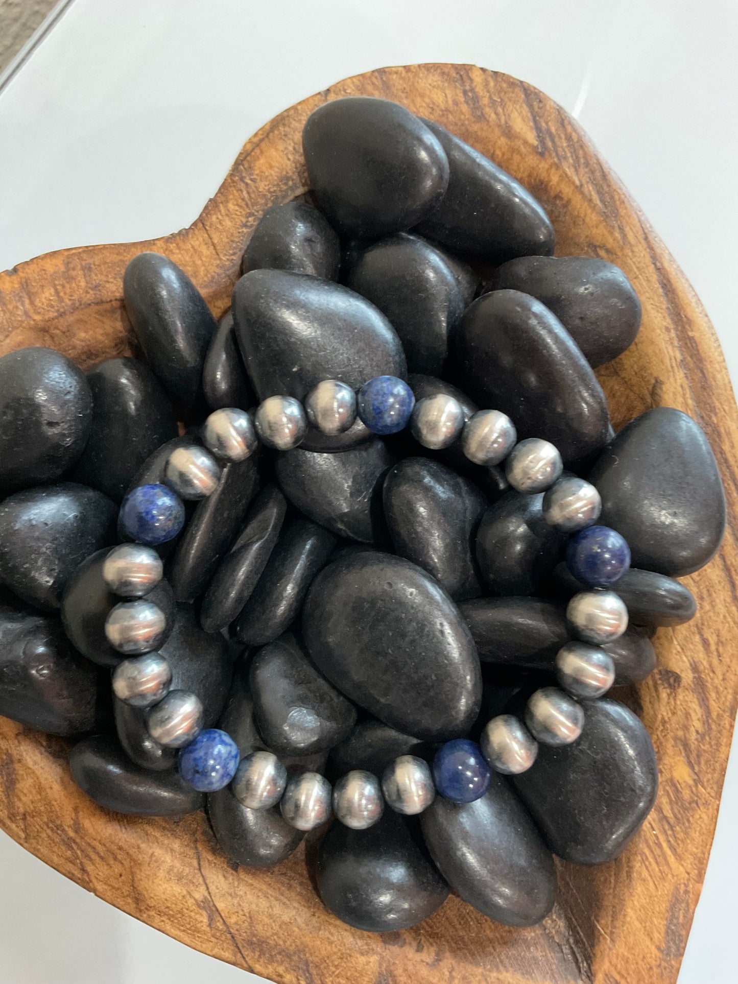 Sterling Silver Pearls & Lapis Stretchy Bracelet
