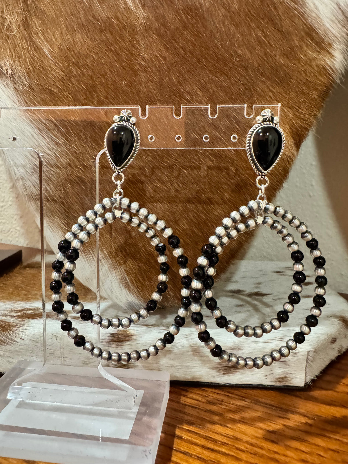 Sterling Silver Pearl & Onyx Hoop Earrings