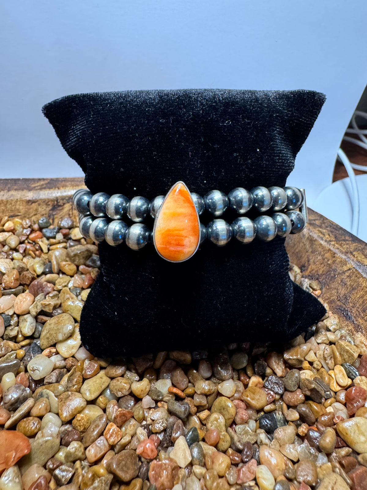 Sterling Silver Pearl & Orange Spiny Double Strand Stretchy Bracelet