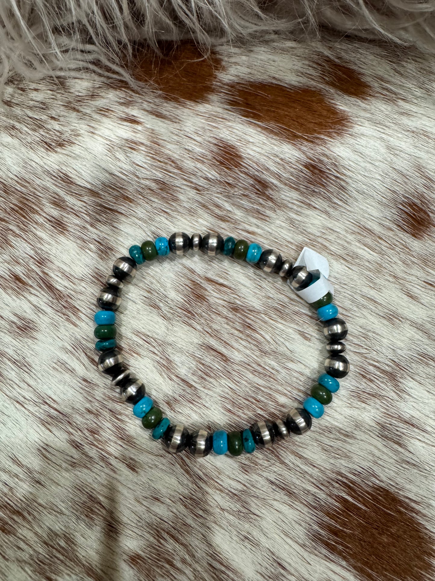 Sterling Silver Pearls & Kingman Stretchy Bracelet