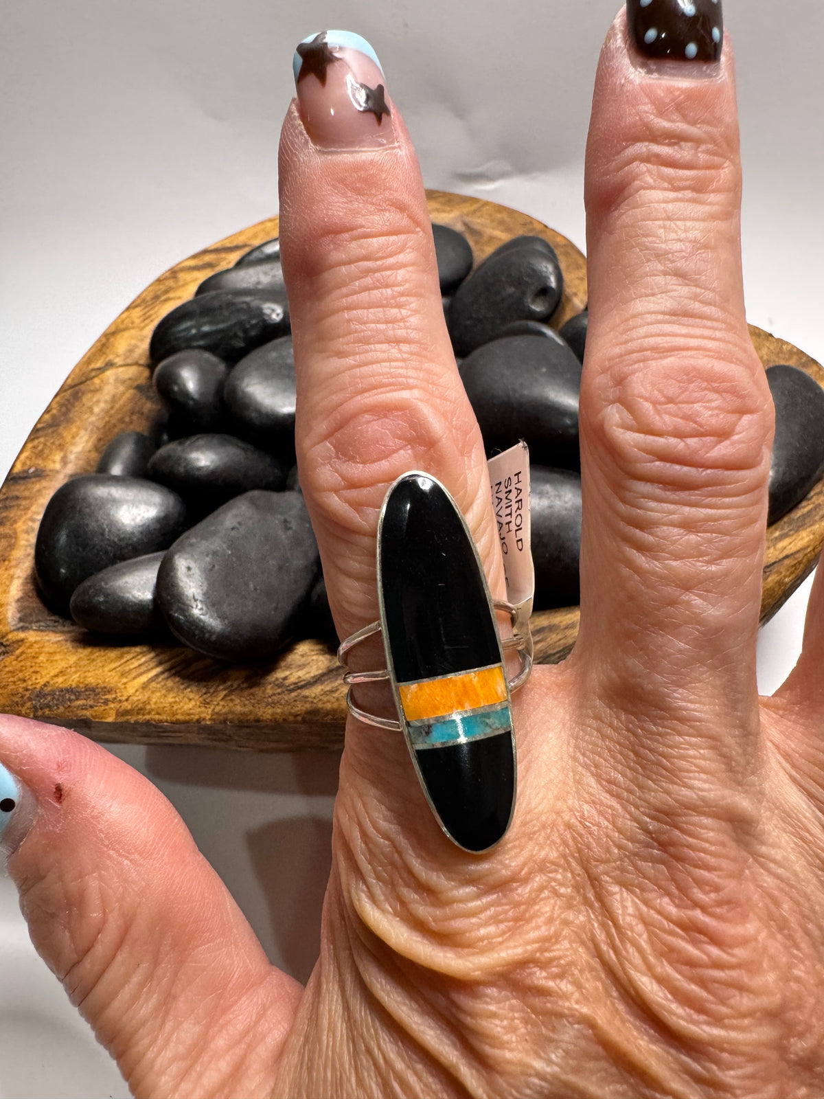 Black onyx, Kingman & Orange Spiny Inlaid Ring