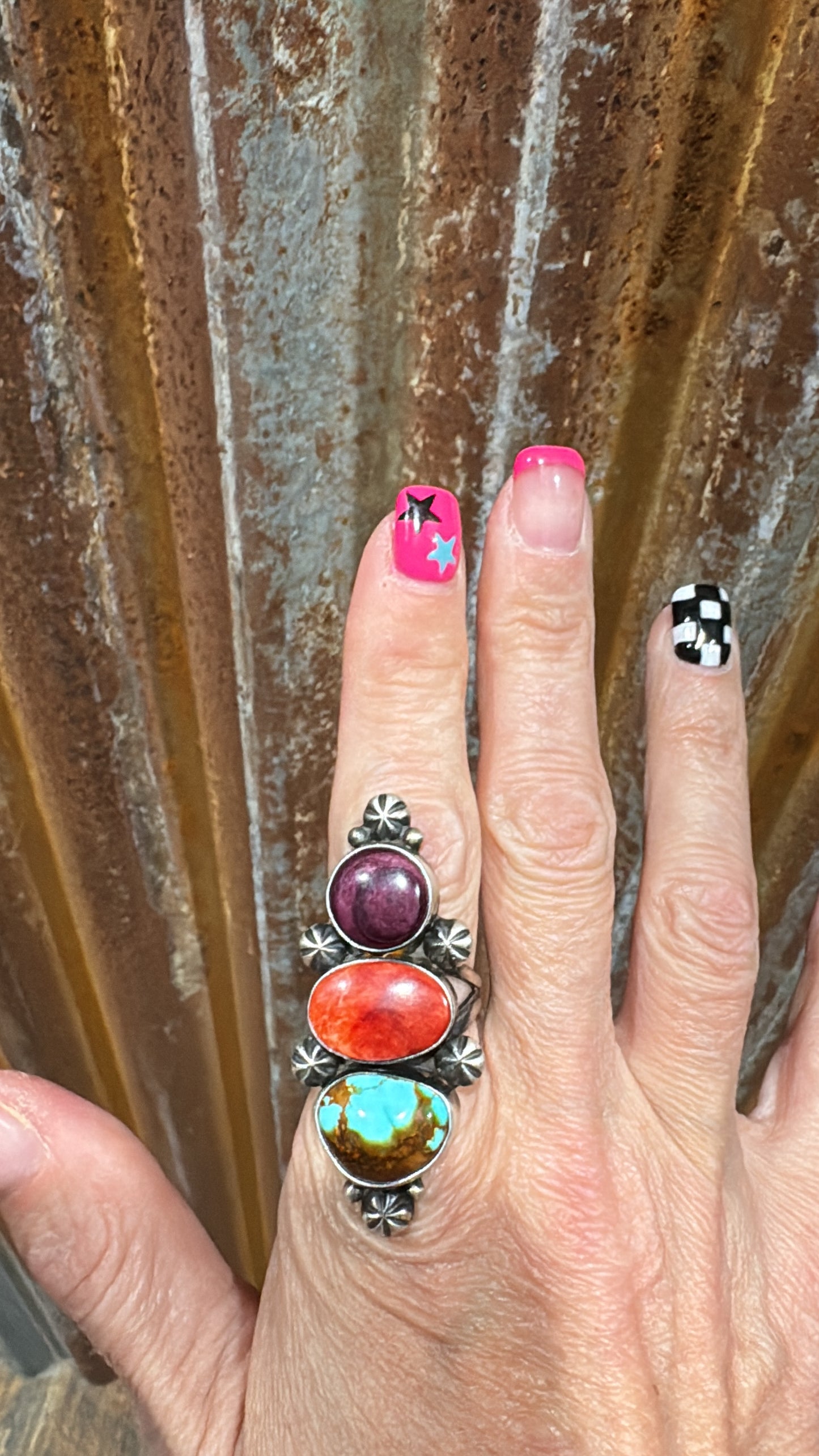 Royston Turquoise & Spiny Oyster 3 Stone Ring