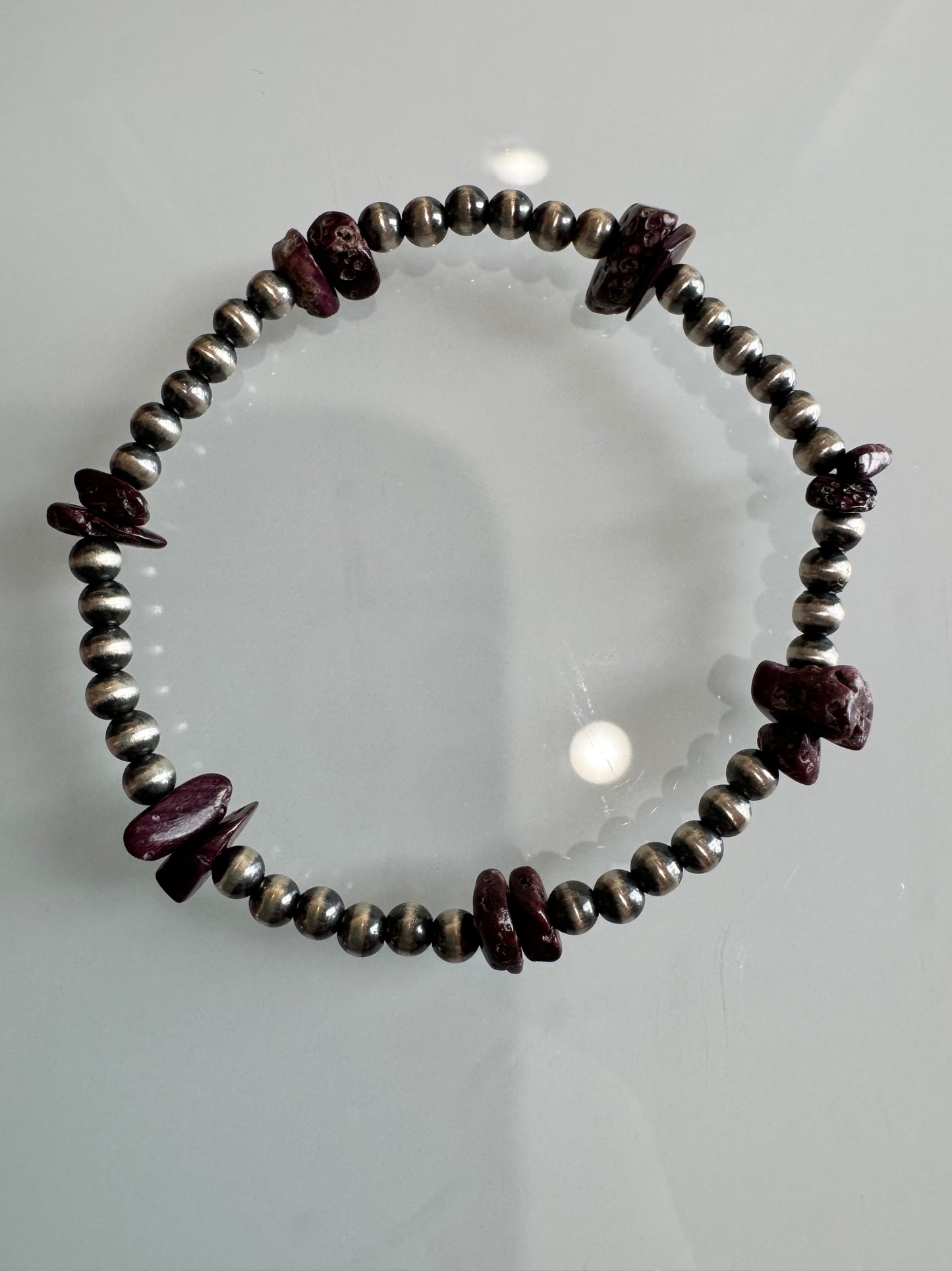 4mm Sterling Silver Pearls w/Purple Spiny Stretchy Bracelet