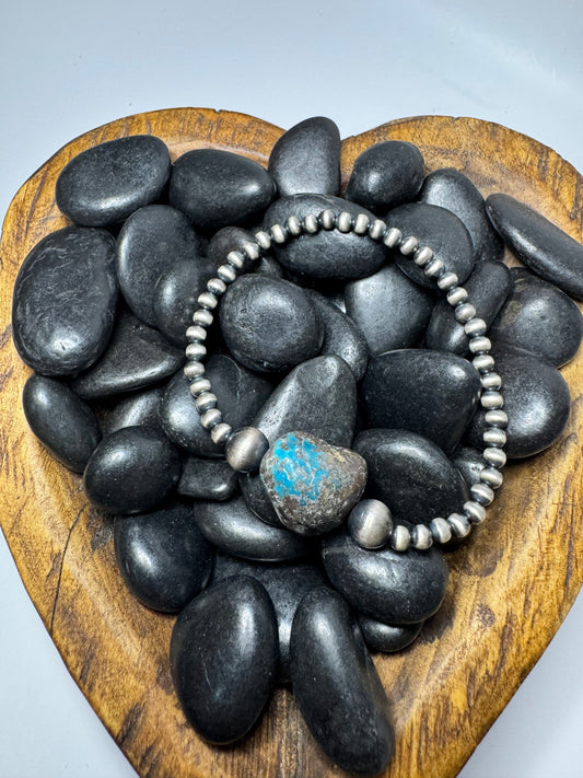 Sterling Silver Pearl & Kingman Stretchy Bracelet