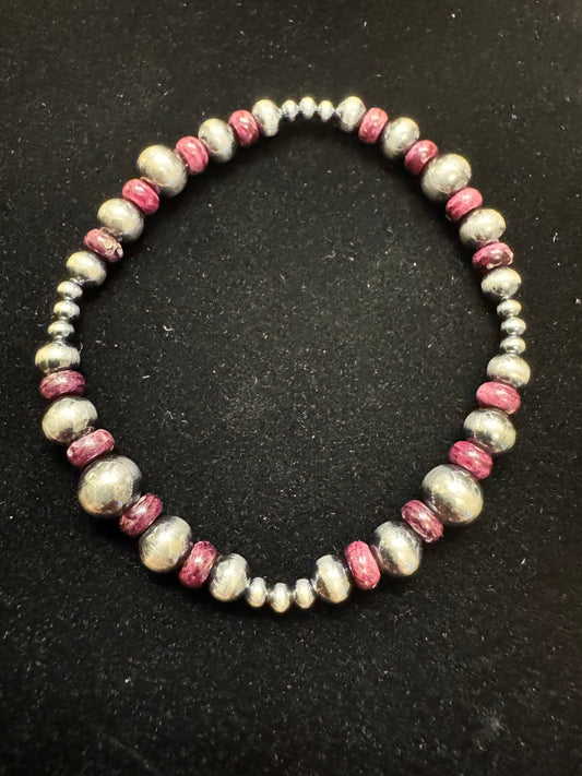 Sterling Silver Pearl & Purple Spiny Stretchy Bracelet