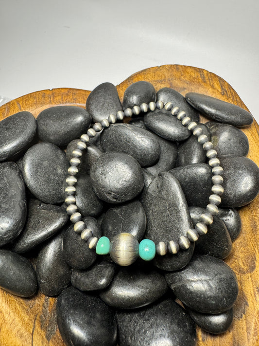 Sterling Silver Pearl & Kingman Stretchy Bracelet