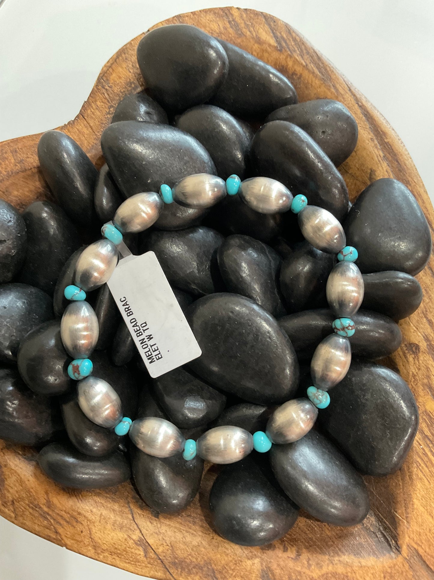 Sterling Silver Melon Beads w/Turquoise Stretchy Bracelet