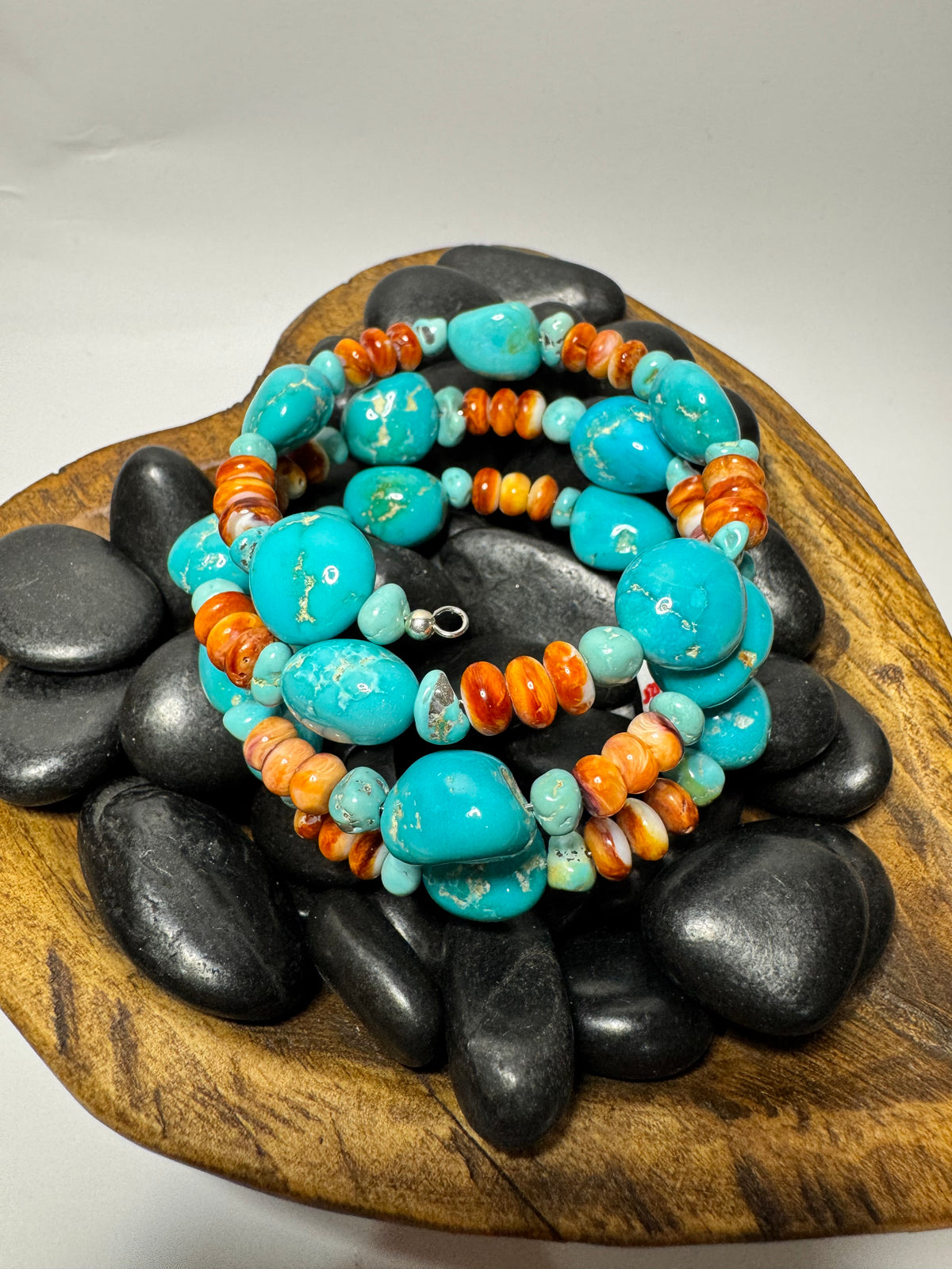 Armenian Turquoise & Orange Spiny Memory Wire Wrap Bracelet