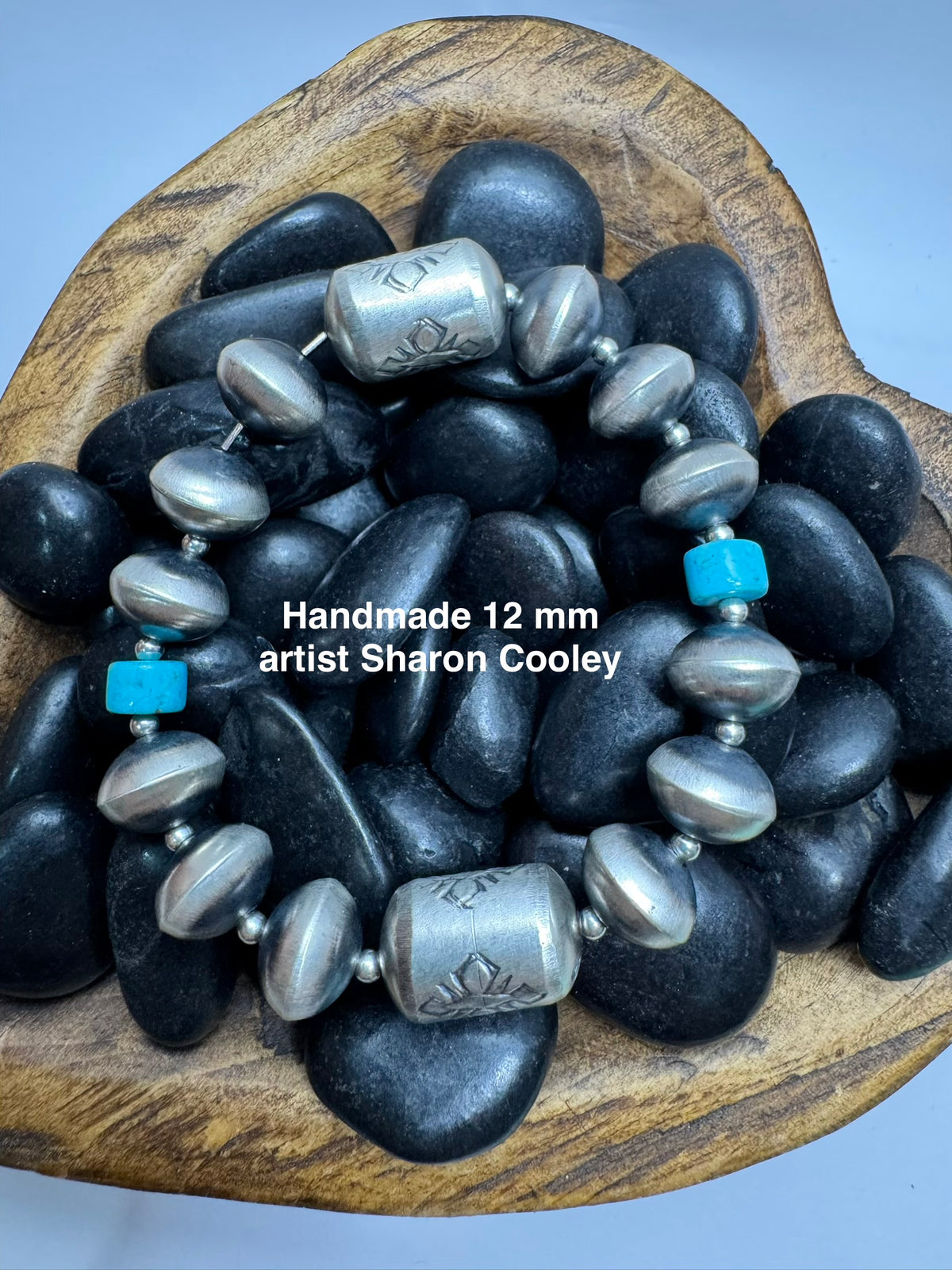 Handmade Navajo Pearl, Barrel & Kingman Stretchy Bracelet