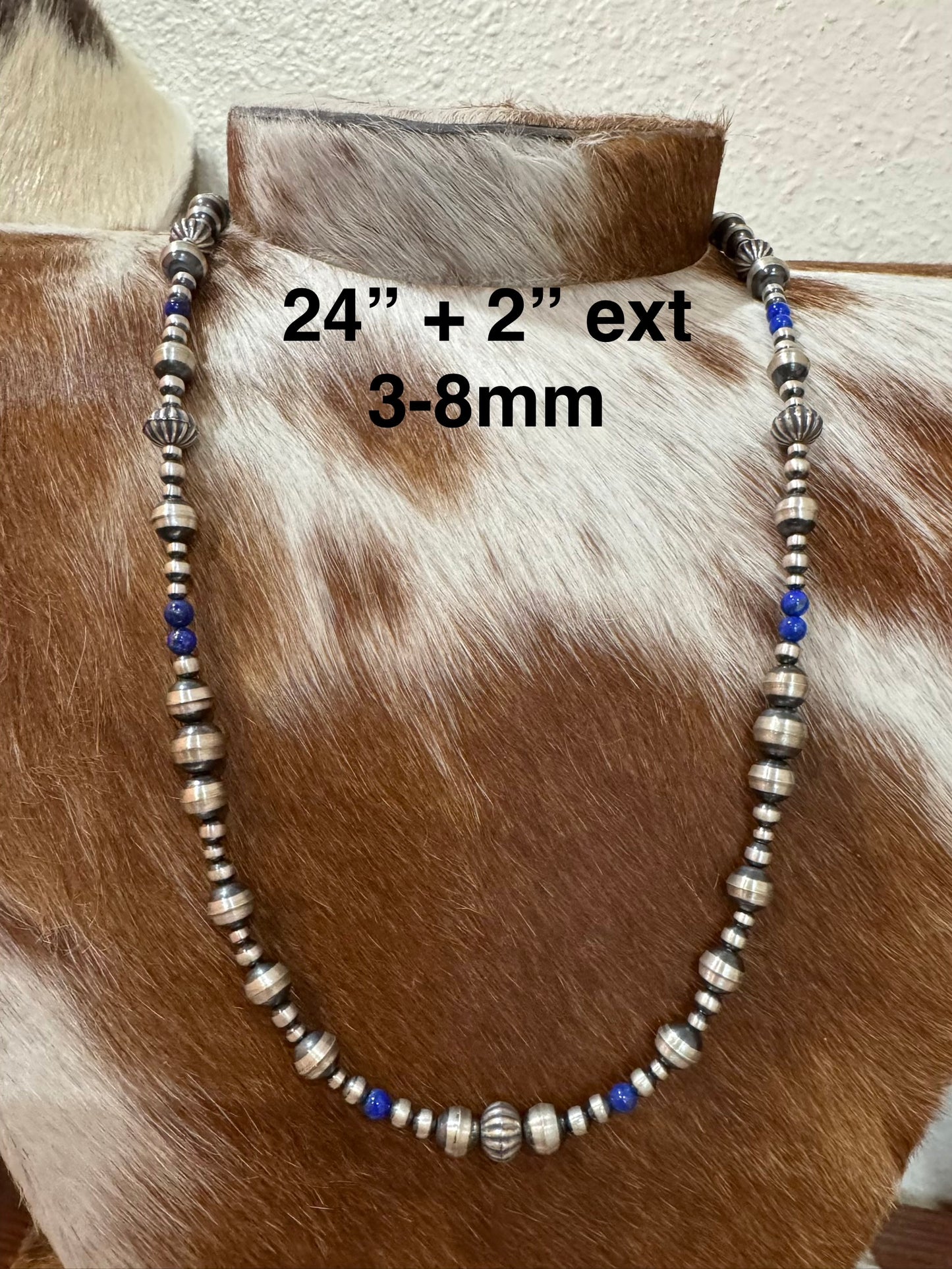 24”-26” 3-8mm Sterling Silver Pearls w/Lapis