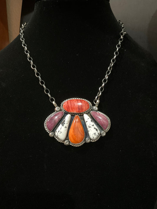 White Buffalo & Spiny Oyster Half Cluster Necklace