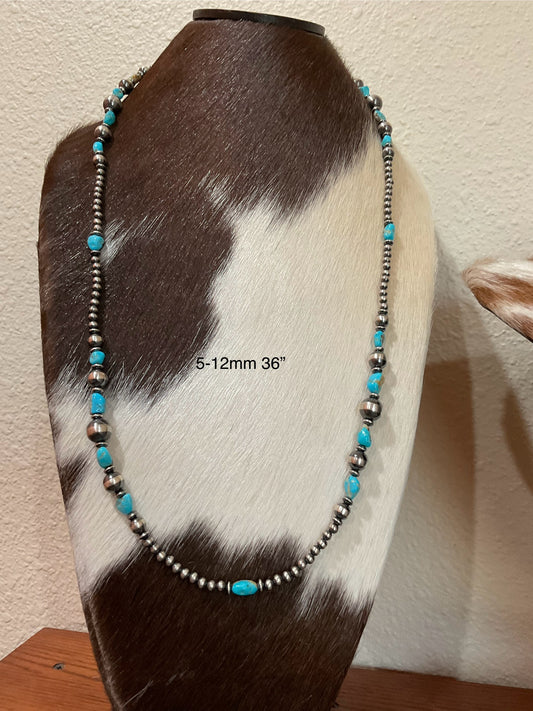 36” Sterling Silver Pearls & Discs w/Whitewater Turquoise