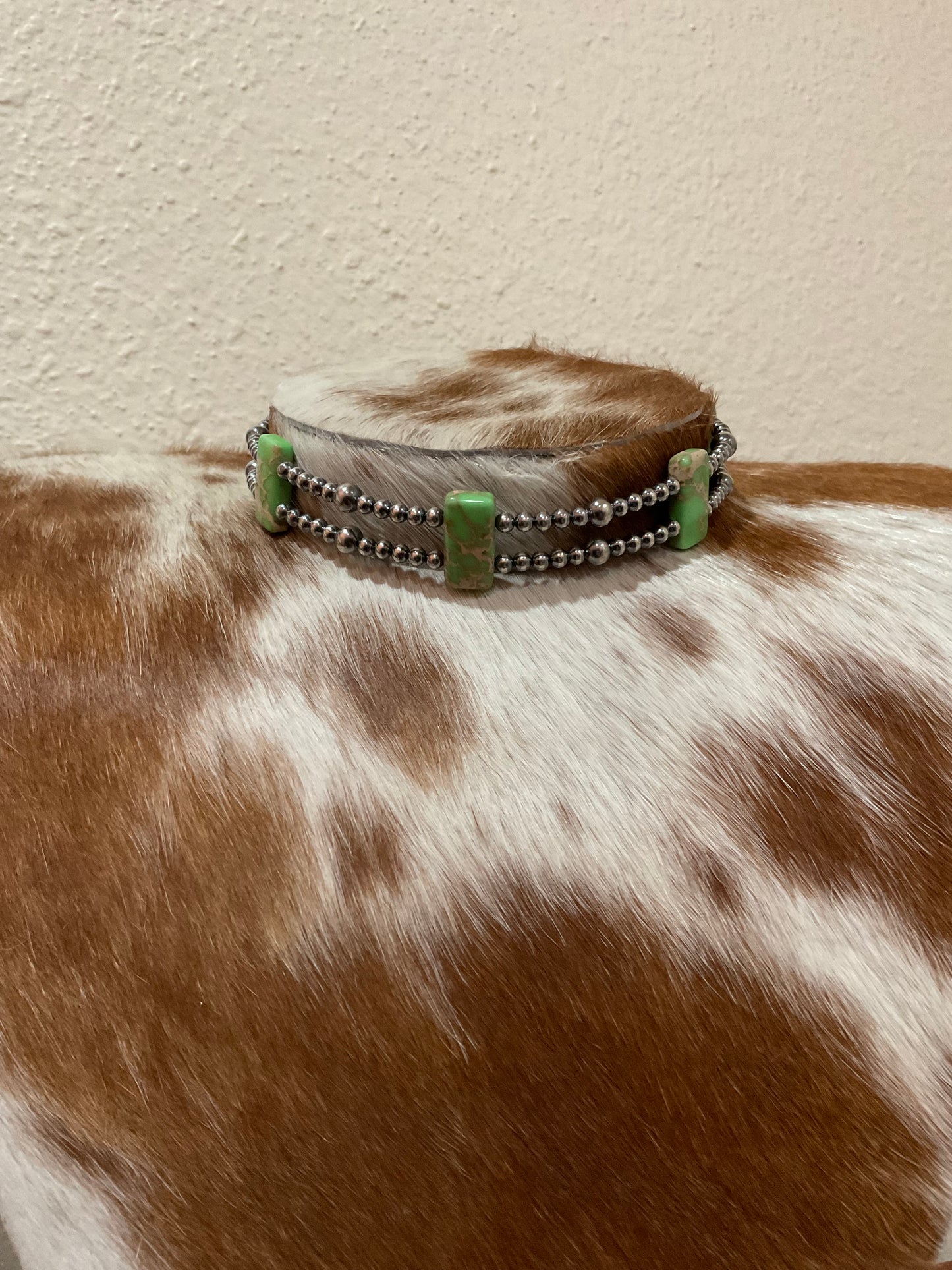Double Strand Sterling Silver Pearls w/Green Kingman Choker