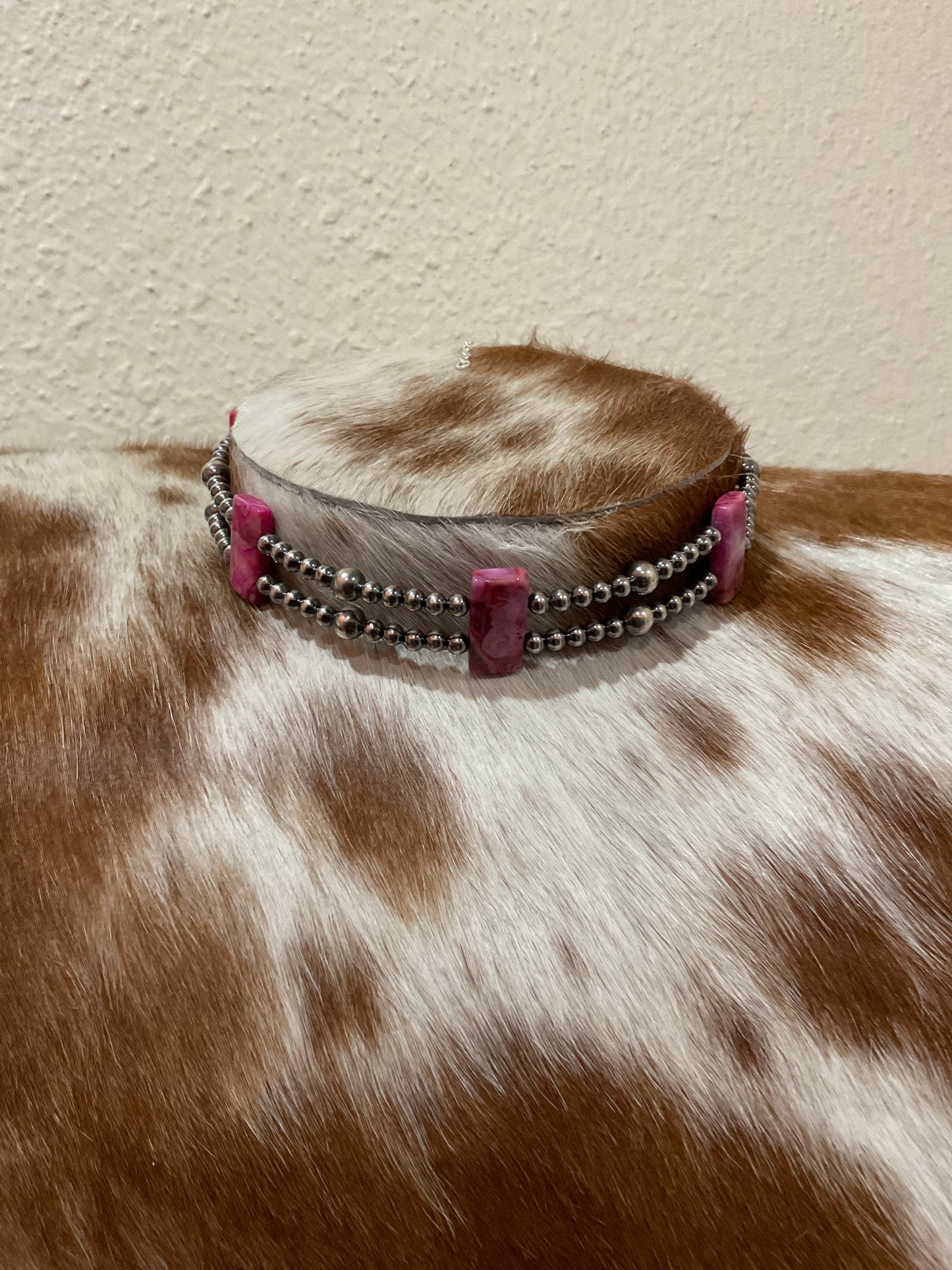 Double Strand Sterling Silver Pearls w/Pink Dahlia Choker