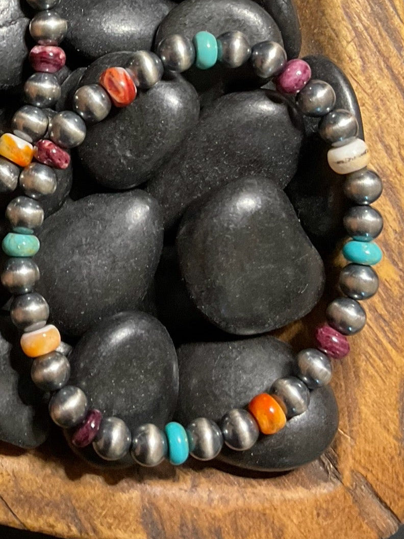 Sterling Silver Pearl, Turquoise & Spiny Stretchy Bracelet